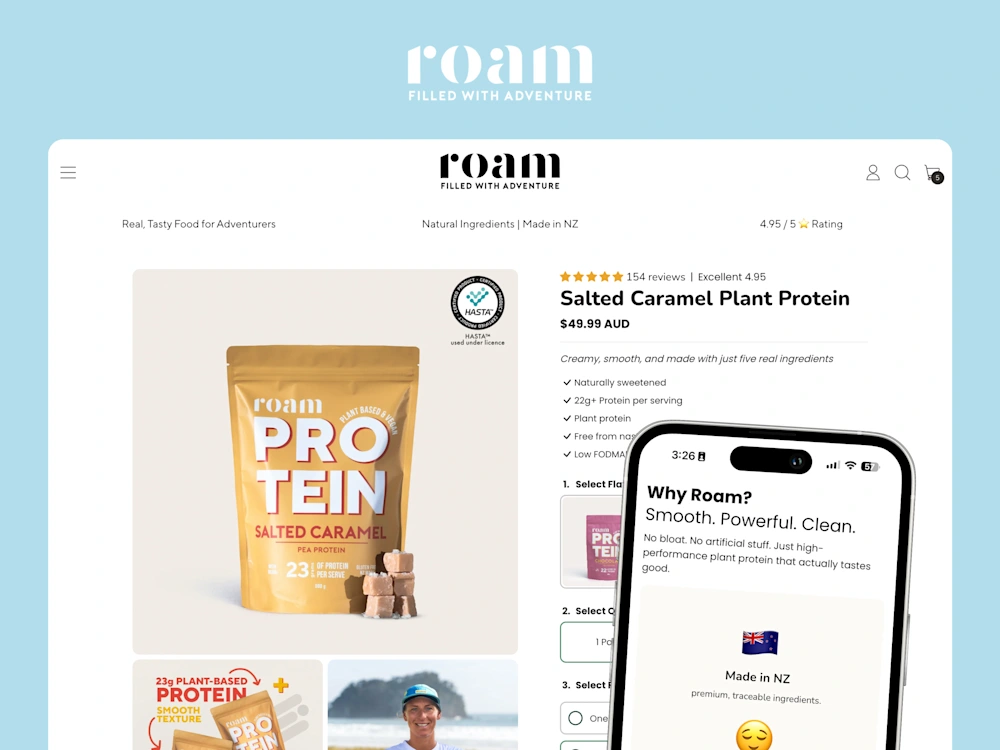 Roam Energy product page with multi-SKU selection